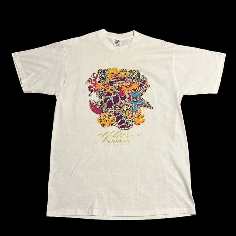 Hilton Waikoloa Village T-Shirt Woman’s Size Large White Turtle Fish Hawaii VTG